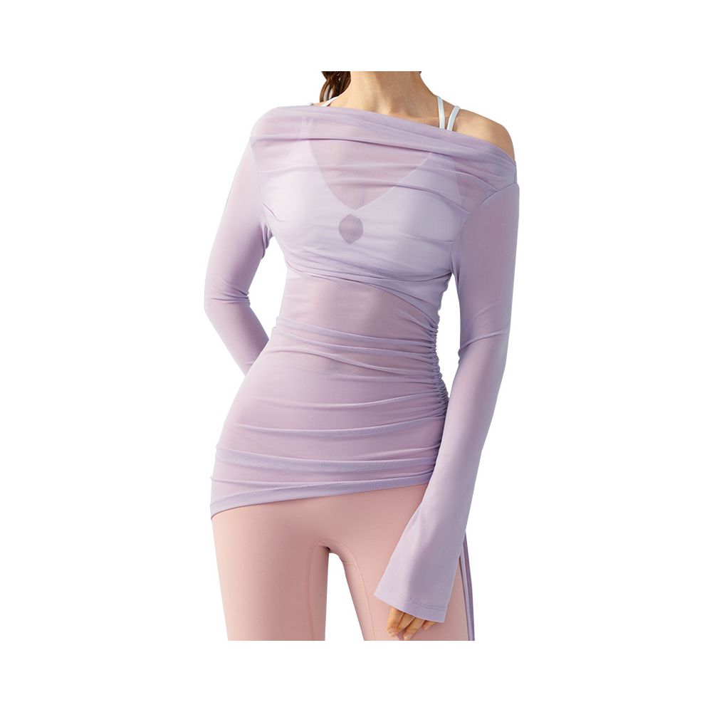 Mesh irregular yoga blouse for women slim and thin temperament and versatile yoga long sleeved retro oblique collar fitness top image 5