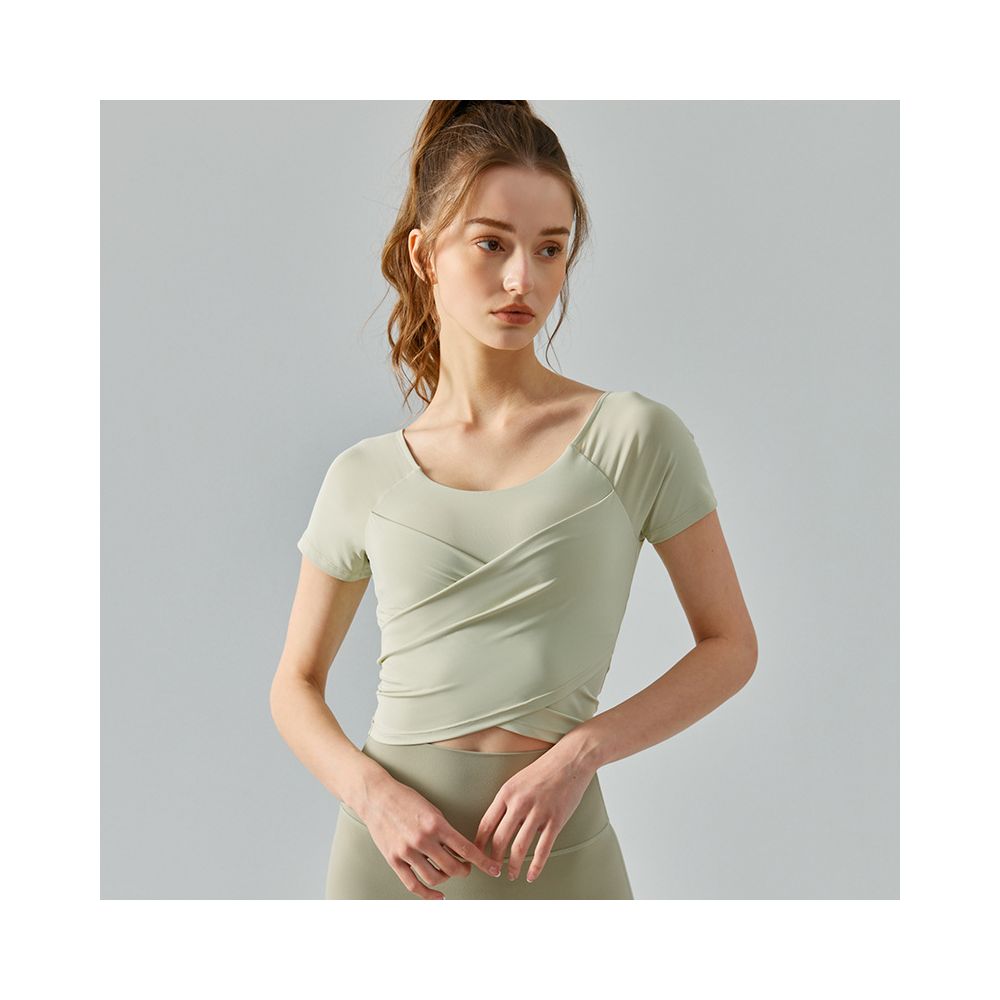 Yoga top short sleeve women s cross pleated slim fit semi fixed one piece sports t shirt running fitness wear top image 19