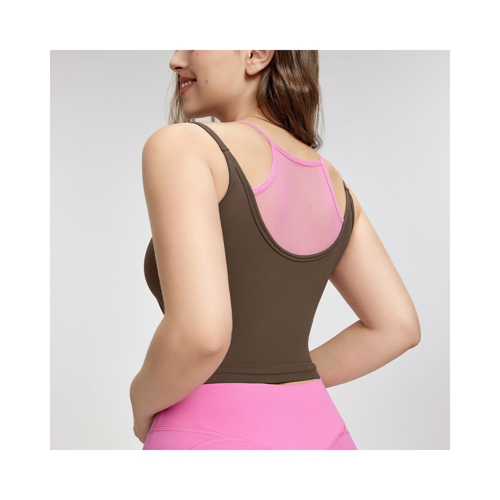 Large size mesh fake two piece beautiful back camisole for fat women with chest pads for summer outdoor wear yoga clothes fitness tops image 4