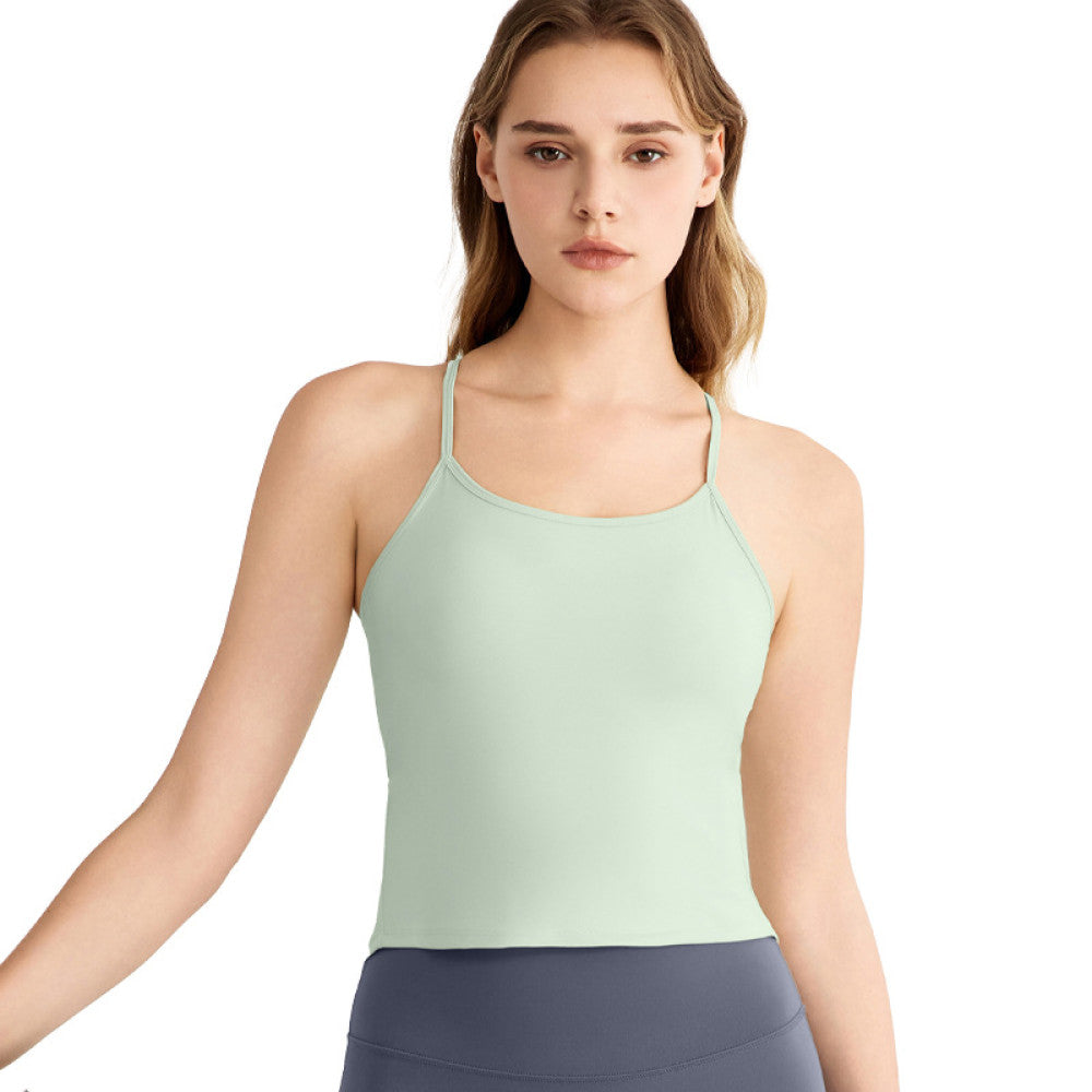 European and American spaghetti strap yoga top vest with chest pad swallowtail slit slim breathable running fitness sports bra image 42