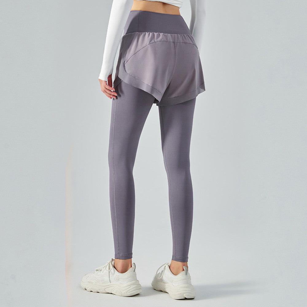 New fake two piece yoga pants elastic high waist anti exposure mesh skirt pants fitness pants women s running tights image 41