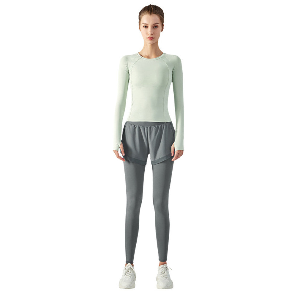 New fake two piece yoga pants elastic high waist anti exposure mesh skirt pants fitness pants women s running tights image 42