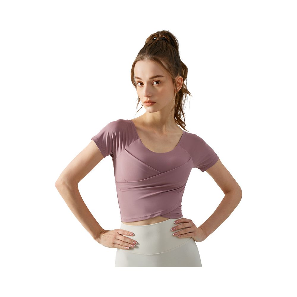 Yoga top short sleeve women s cross pleated slim fit semi fixed one piece sports t shirt running fitness wear top image 21