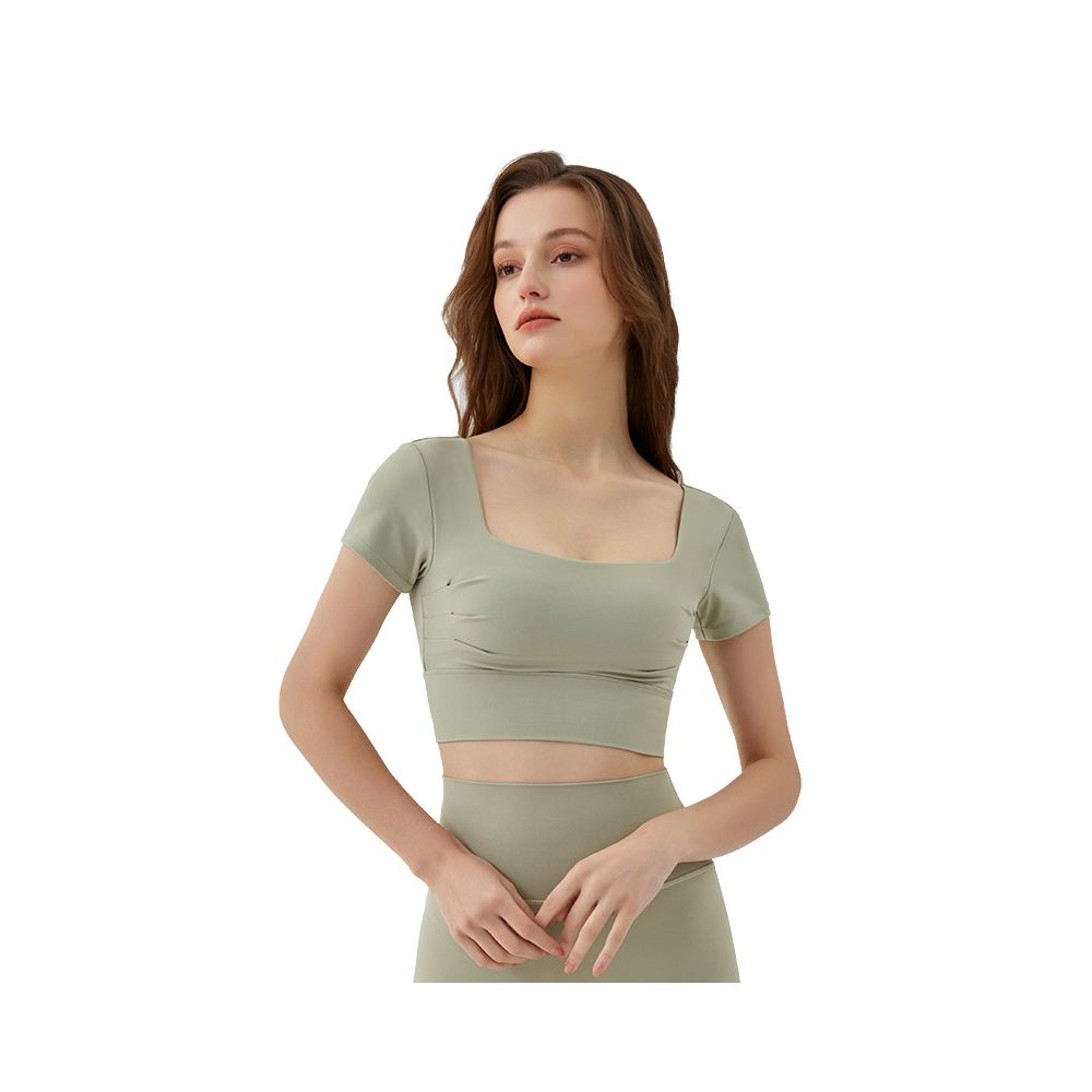 Summer new style chest pleated sports short sleeved women s hollow back fitness running detachable chest pad yoga top image 5