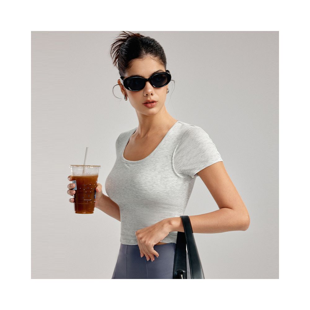 Yoga top short sleeve tight slimming integrated chest pad sports t shirt summer training running stretch fitness clothes image 2