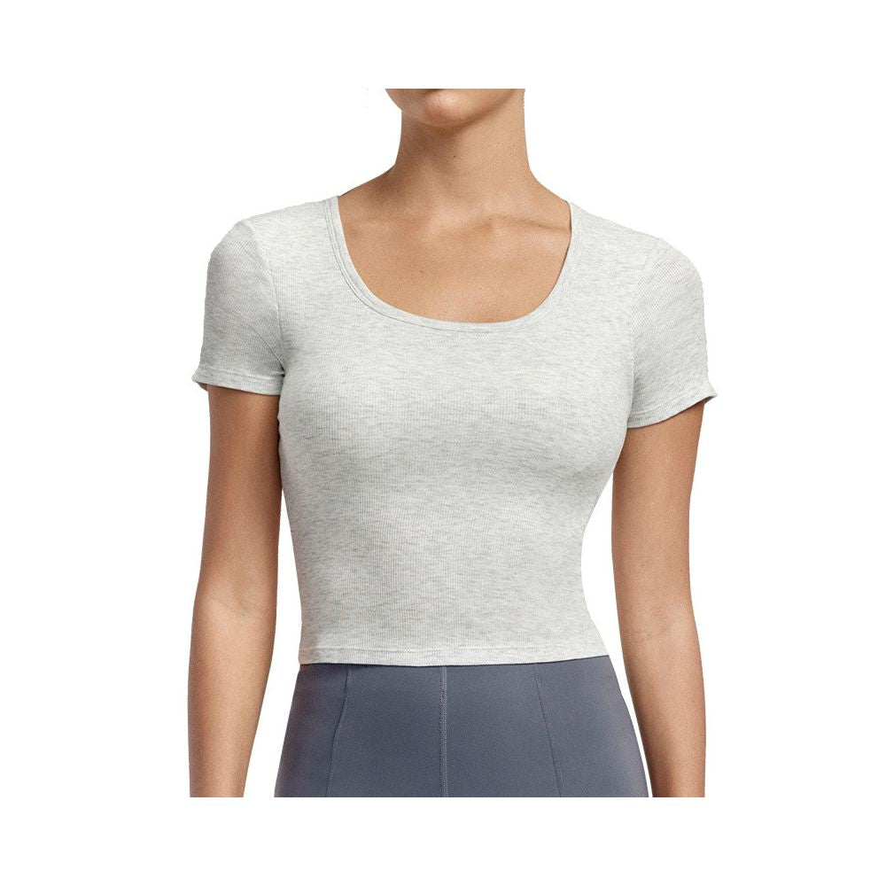 Yoga top short sleeve tight slimming integrated chest pad sports t shirt summer training running stretch fitness clothes image 5